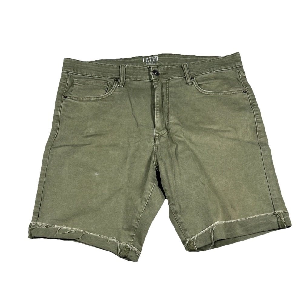 Lazer Mens Green Slim Fit Denim Shorts Size 34 Olive Drab Cut Off Raw Hem